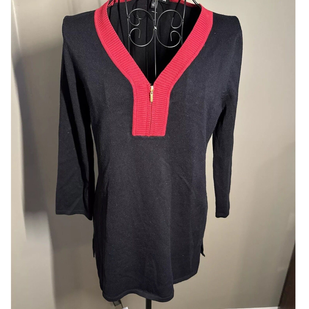 Cable & Gauge Women’s Small Black Knit Top Red Trim Half Zip V-Neck Knit Sweater - Picture 3 of 9